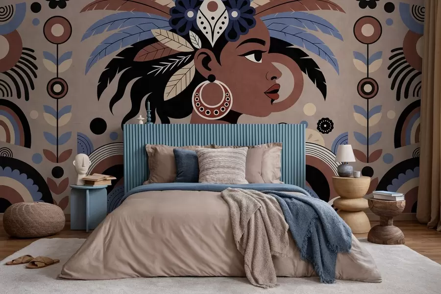 murais de parede um design elegante de inspiração africana em tons de azul e marrom w05389