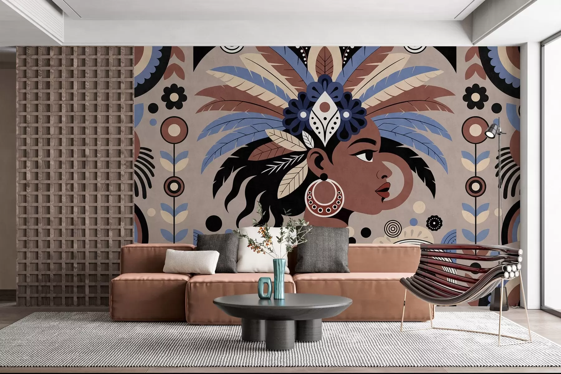 murais de parede um design elegante de inspiração africana em tons de azul e marrom w05389