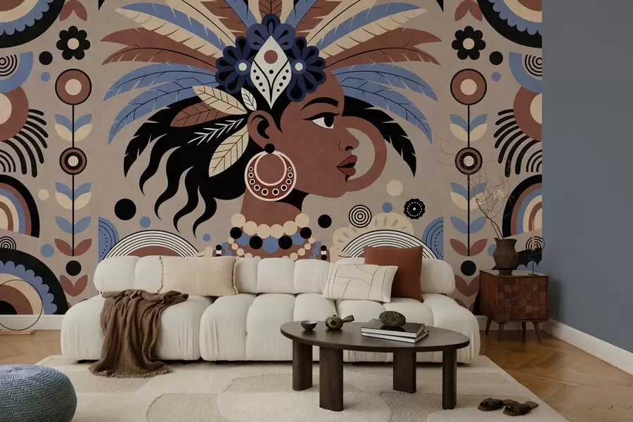 murais de parede um design elegante de inspiração africana em tons de azul e marrom w05389