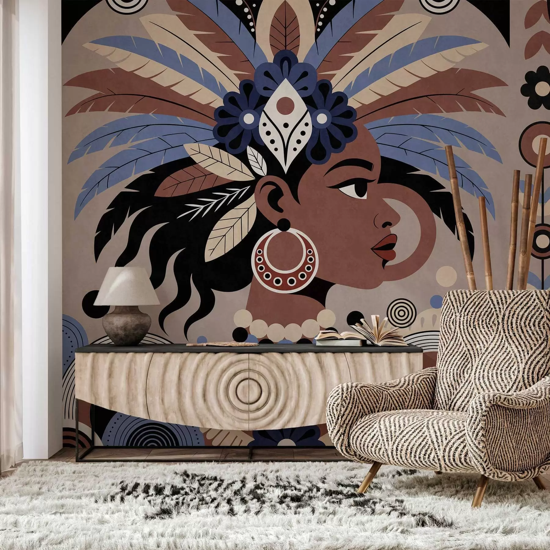 murais de parede um design elegante de inspiração africana em tons de azul e marrom w05389
