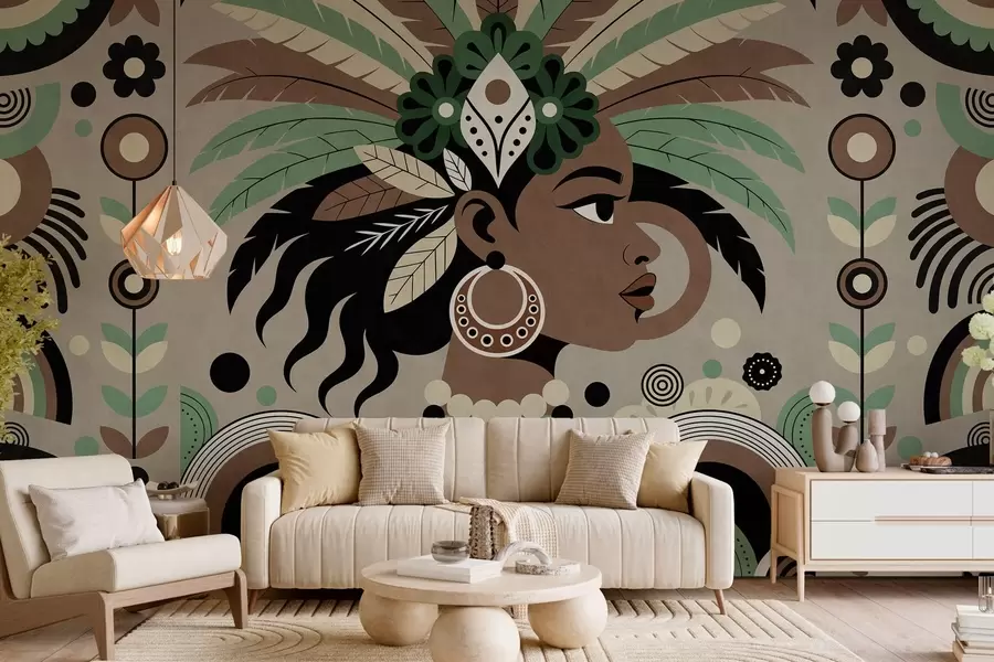 murais de parede um design elegante de inspiração africana em tons de verde, marrom e bege w05389v1