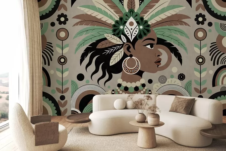 murais de parede um design elegante de inspiração africana em tons de verde, marrom e bege w05389v1
