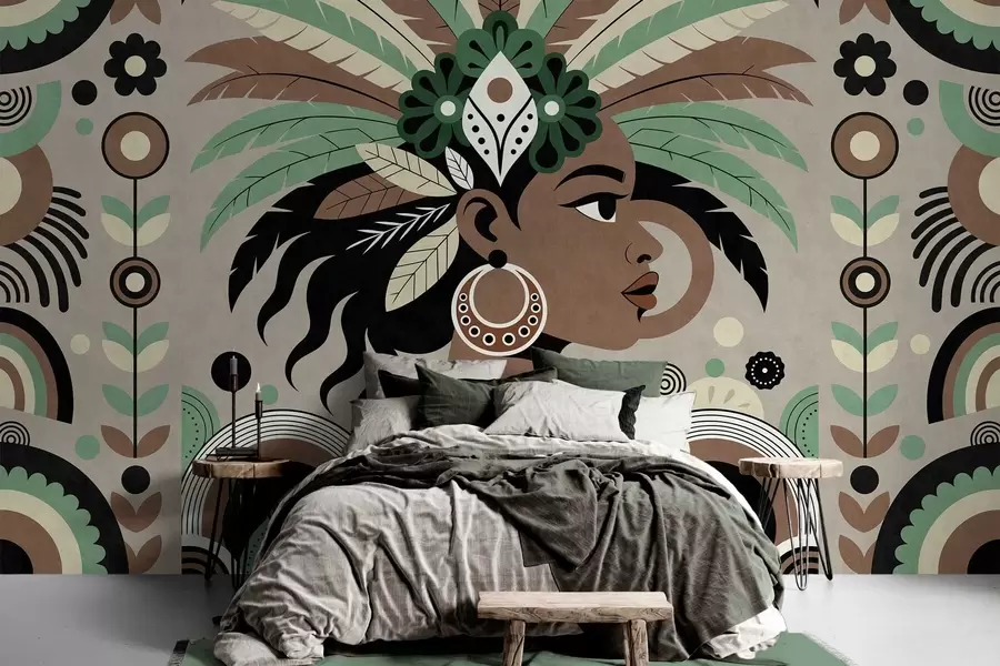 murais de parede um design elegante de inspiração africana em tons de verde, marrom e bege w05389v1