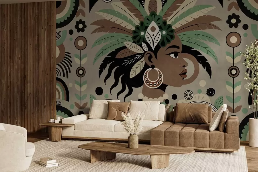murais de parede um design elegante de inspiração africana em tons de verde, marrom e bege w05389v1
