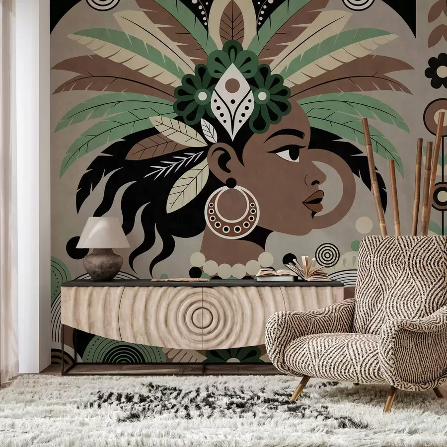 murais de parede um design elegante de inspiração africana em tons de verde, marrom e bege w05389v1