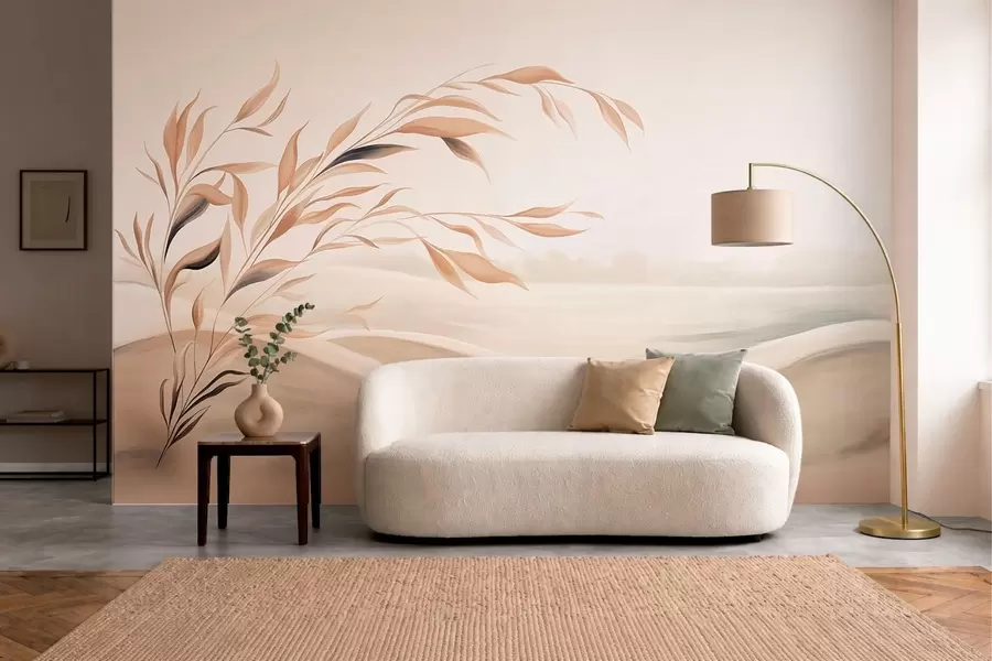 murais de parede Uma paisagem suave com um galho sobre colinas em tons de bege claro w05297
