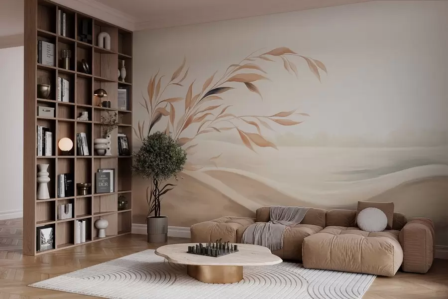 murais de parede Uma paisagem suave com um galho sobre colinas em tons de bege claro w05297