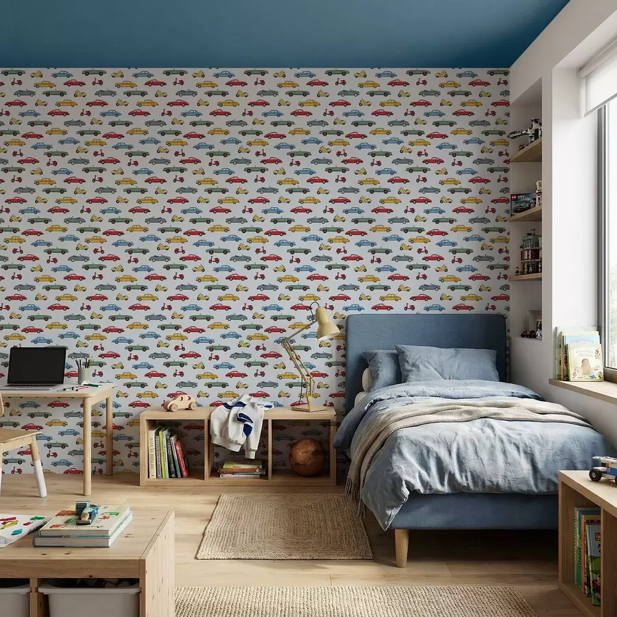 murais de parede Carros e scooters retrô sobre fundo azul a01172v2