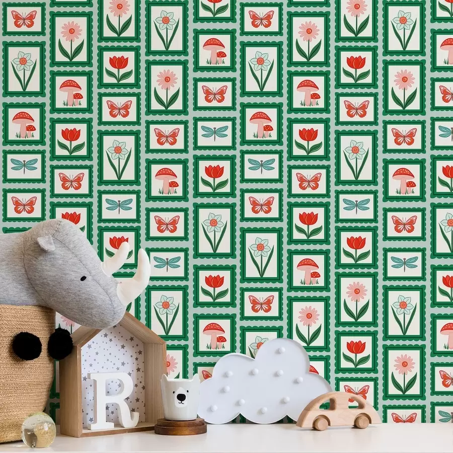 murais de parede Flores, cogumelos e borboletas emoldurados a01175