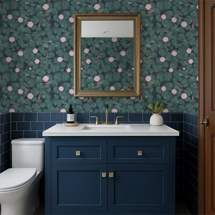 murais de parede Nenúfares com flores e peixes sobre fundo escuro a01177