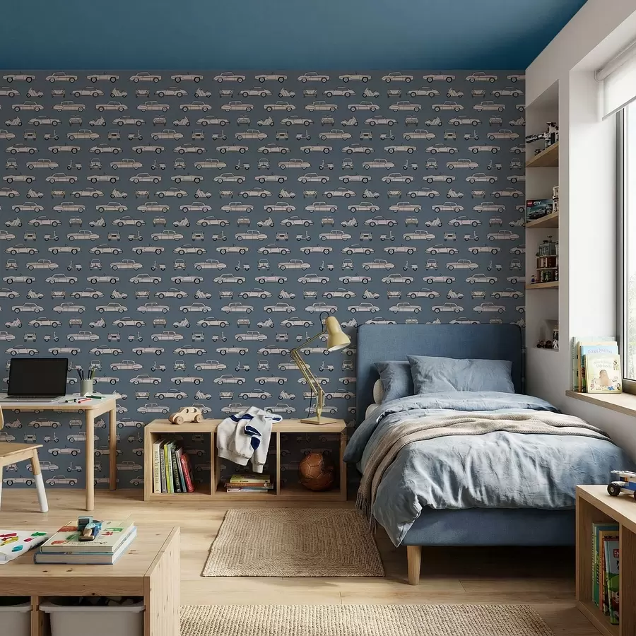 murais de parede Carros e scooters retrô sobre fundo azul a01178
