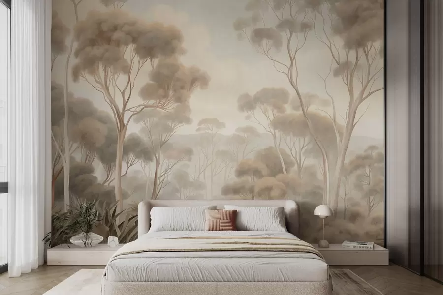 murais de parede Uma paisagem florestal enevoada com altos eucaliptos, colinas onduladas sob um céu nublado, arte texturizada w09822