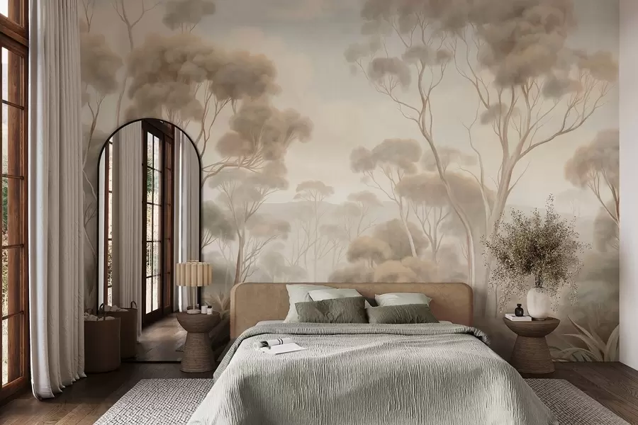 murais de parede Uma paisagem florestal enevoada com altos eucaliptos, colinas onduladas sob um céu nublado, arte texturizada w09822