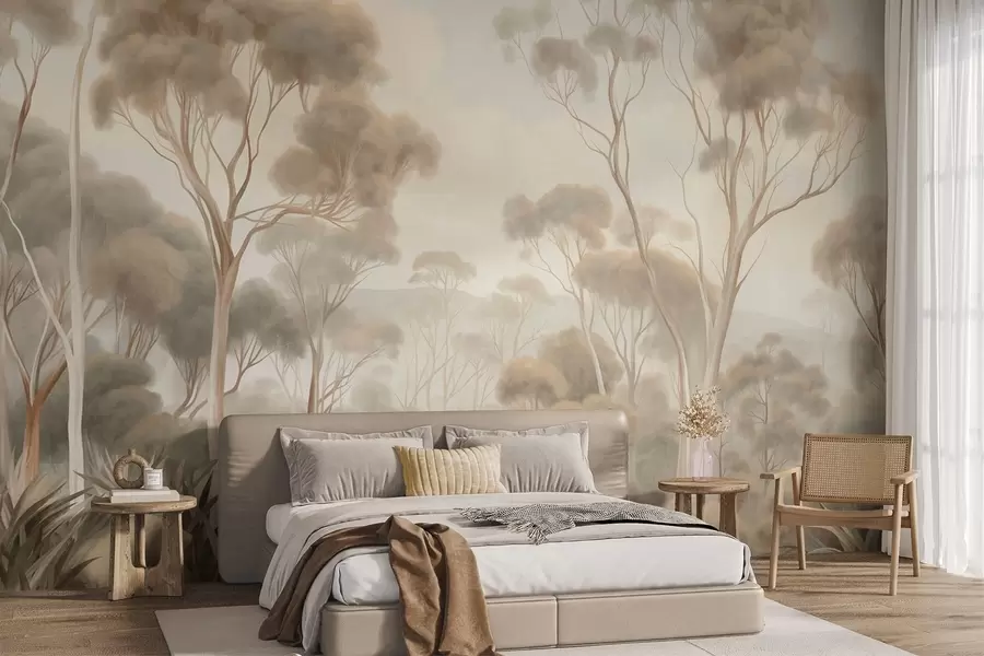 murais de parede Uma paisagem florestal enevoada com altos eucaliptos, colinas onduladas sob um céu nublado, arte texturizada w09822