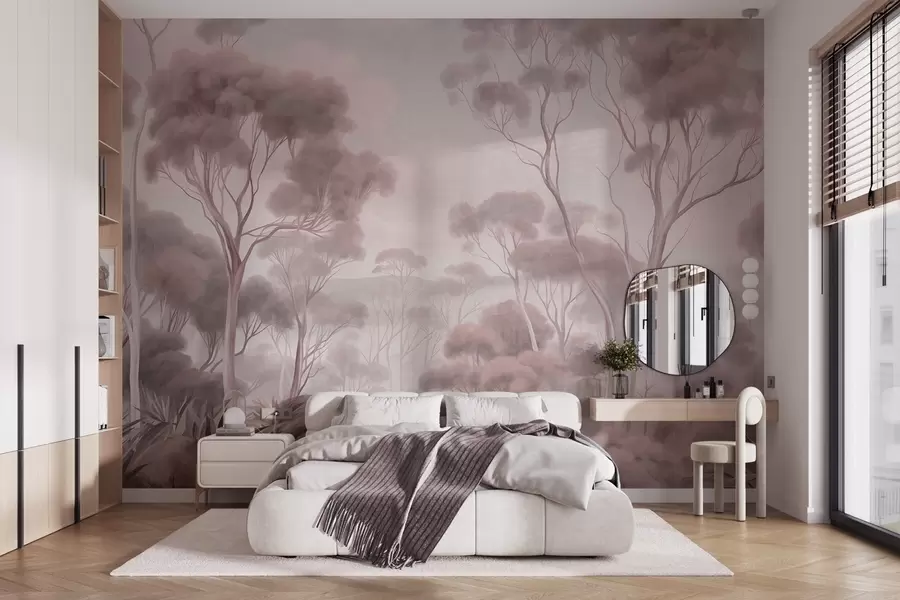 murais de parede Uma paisagem florestal enevoada com altos eucaliptos, colinas onduladas sob um céu nublado, arte texturizada w09822v1
