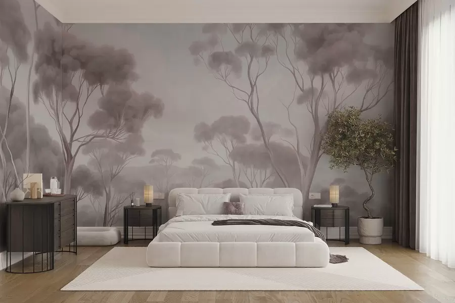 murais de parede Uma paisagem florestal enevoada com altos eucaliptos, colinas onduladas sob um céu nublado, arte texturizada w09822v1