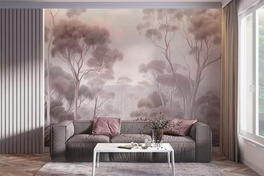murais de parede Uma paisagem florestal enevoada com altos eucaliptos, colinas onduladas sob um céu nublado, arte texturizada w09822v1