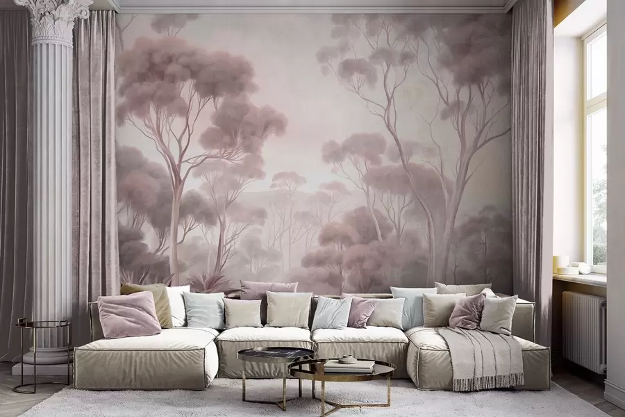 murais de parede Uma paisagem florestal enevoada com altos eucaliptos, colinas onduladas sob um céu nublado, arte texturizada w09822v1