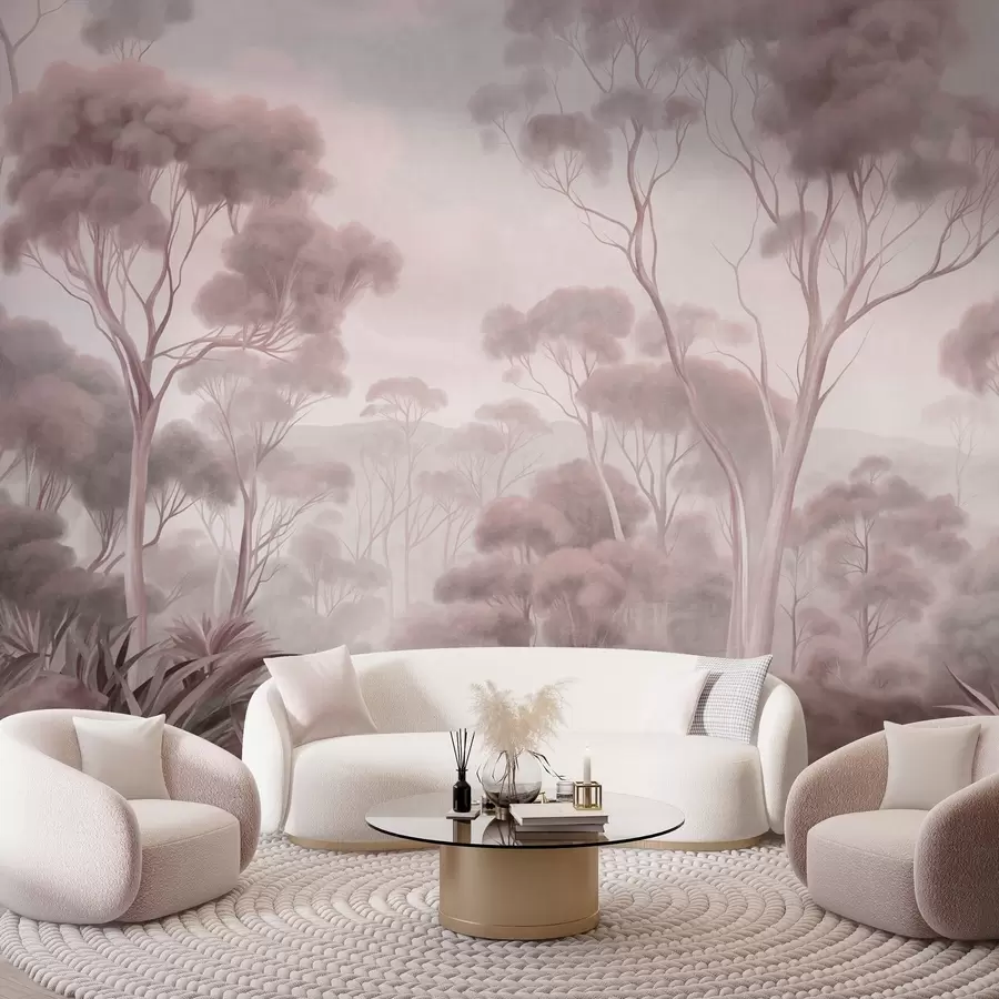 murais de parede Uma paisagem florestal enevoada com altos eucaliptos, colinas onduladas sob um céu nublado, arte texturizada w09822v1
