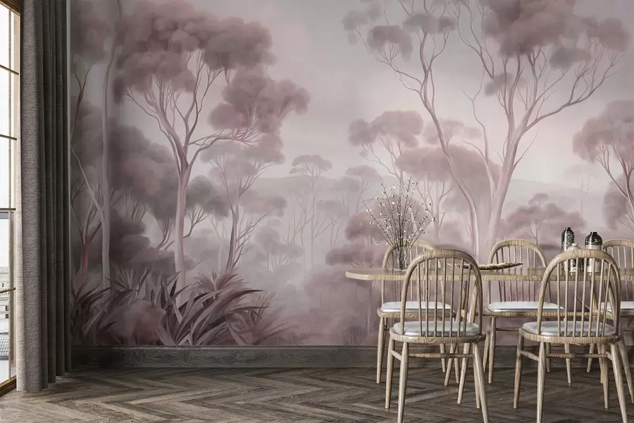 murais de parede Uma paisagem florestal enevoada com altos eucaliptos, colinas onduladas sob um céu nublado, arte texturizada w09822v1