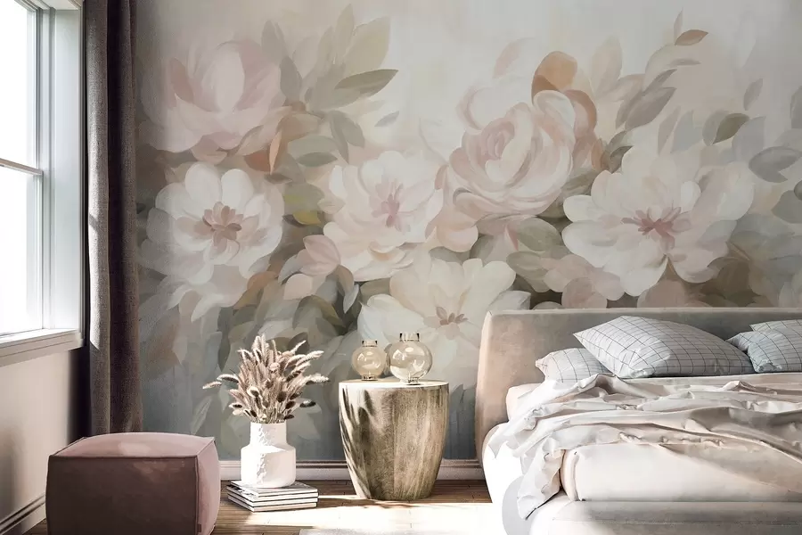 murais de parede Flores em tons de rosa claro e branco com folhas verdes, estilo pintado, estilo impressionista, arte texturizada w09824