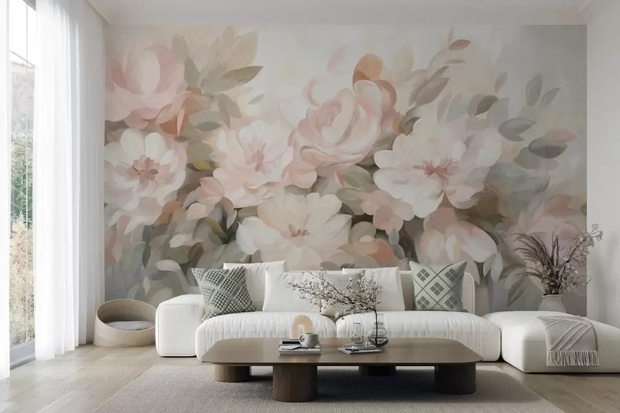 murais de parede Flores em tons de rosa claro e branco com folhas verdes, estilo pintado, estilo impressionista, arte texturizada w09824