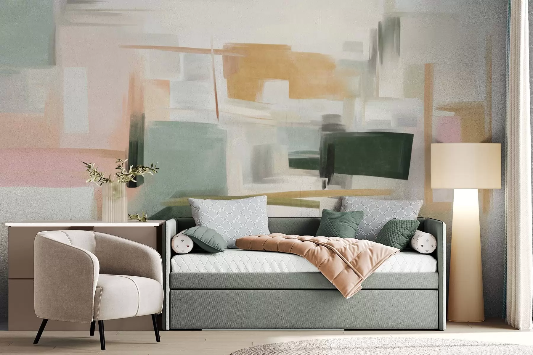murais de parede Estilo de pintura minimalista abstrata com cores pastéis suaves, formas geométricas e linhas w09828
