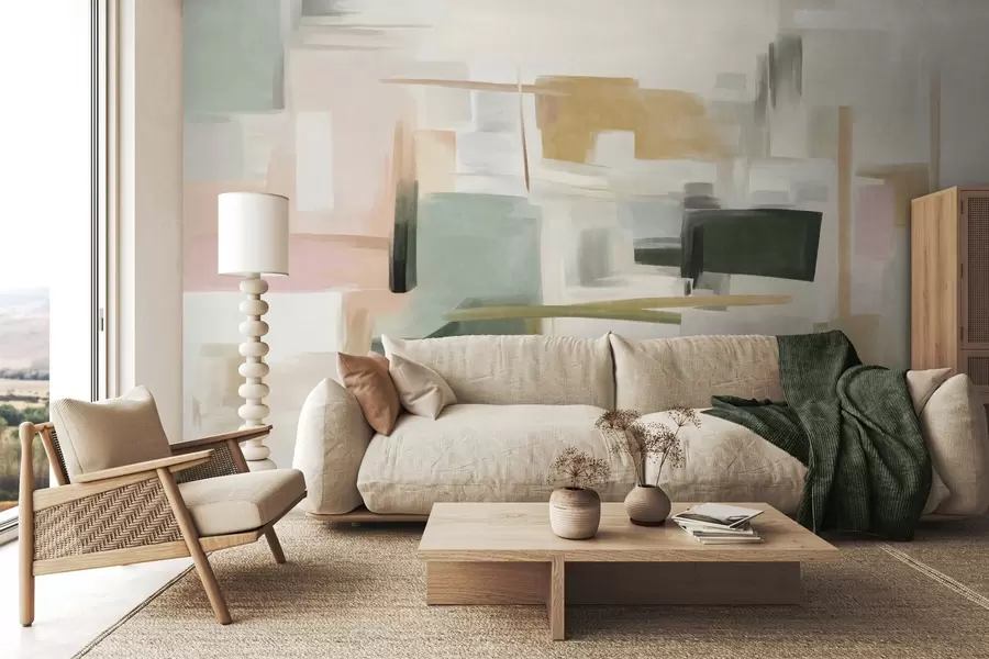 murais de parede Estilo de pintura minimalista abstrata com cores pastéis suaves, formas geométricas e linhas w09828