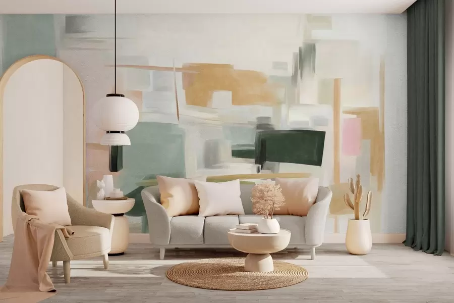 murais de parede Estilo de pintura minimalista abstrata com cores pastéis suaves, formas geométricas e linhas w09828