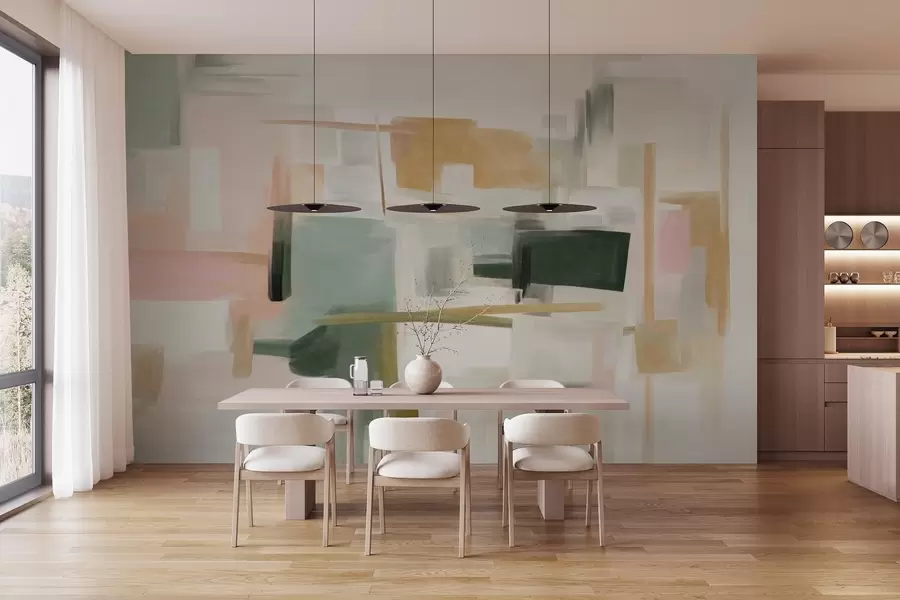 murais de parede Estilo de pintura minimalista abstrata com cores pastéis suaves, formas geométricas e linhas w09828