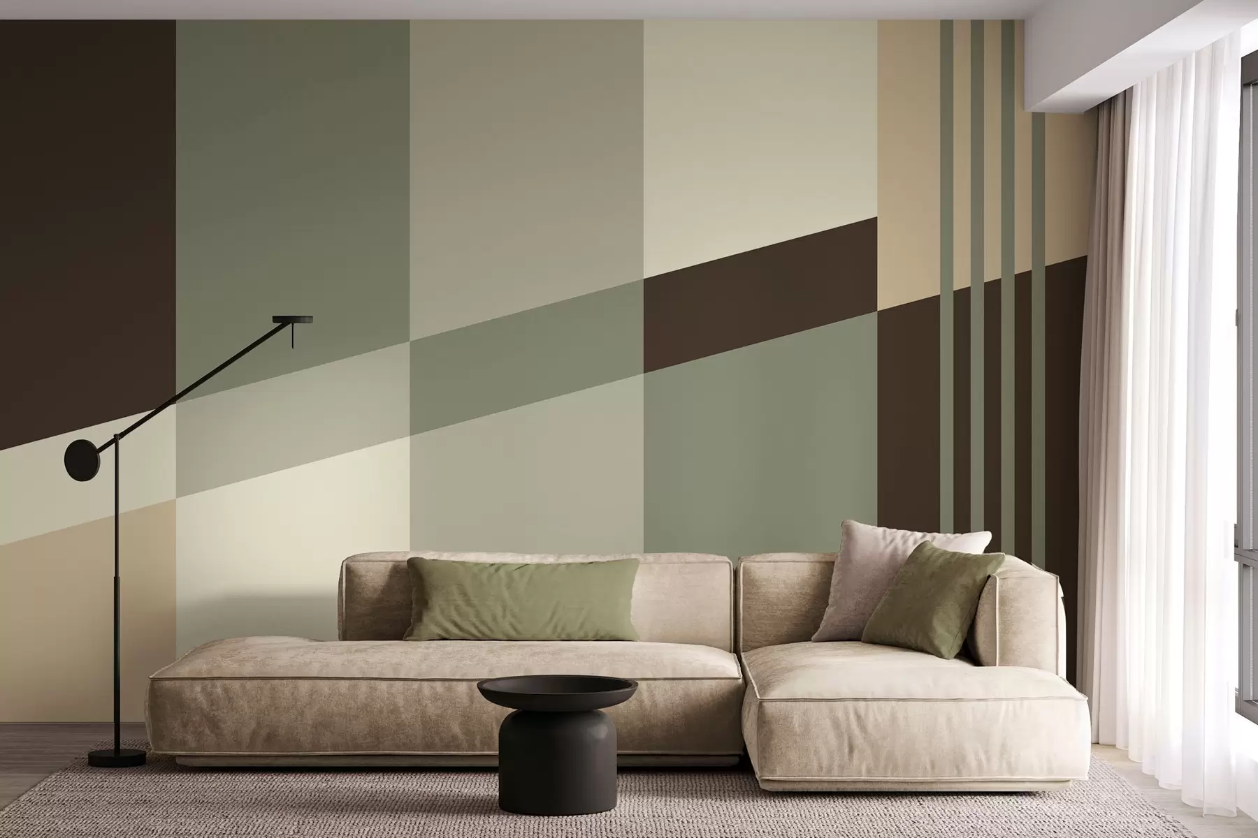 murais de parede Desenhos geométricos discretos em tons de verde-oliva, bege e marrom w05390