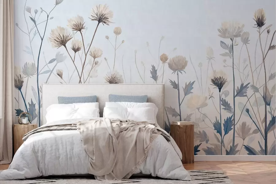 murais de parede Ervas e flores silvestres pintadas em estilo paisagístico sobre um fundo claro w05563