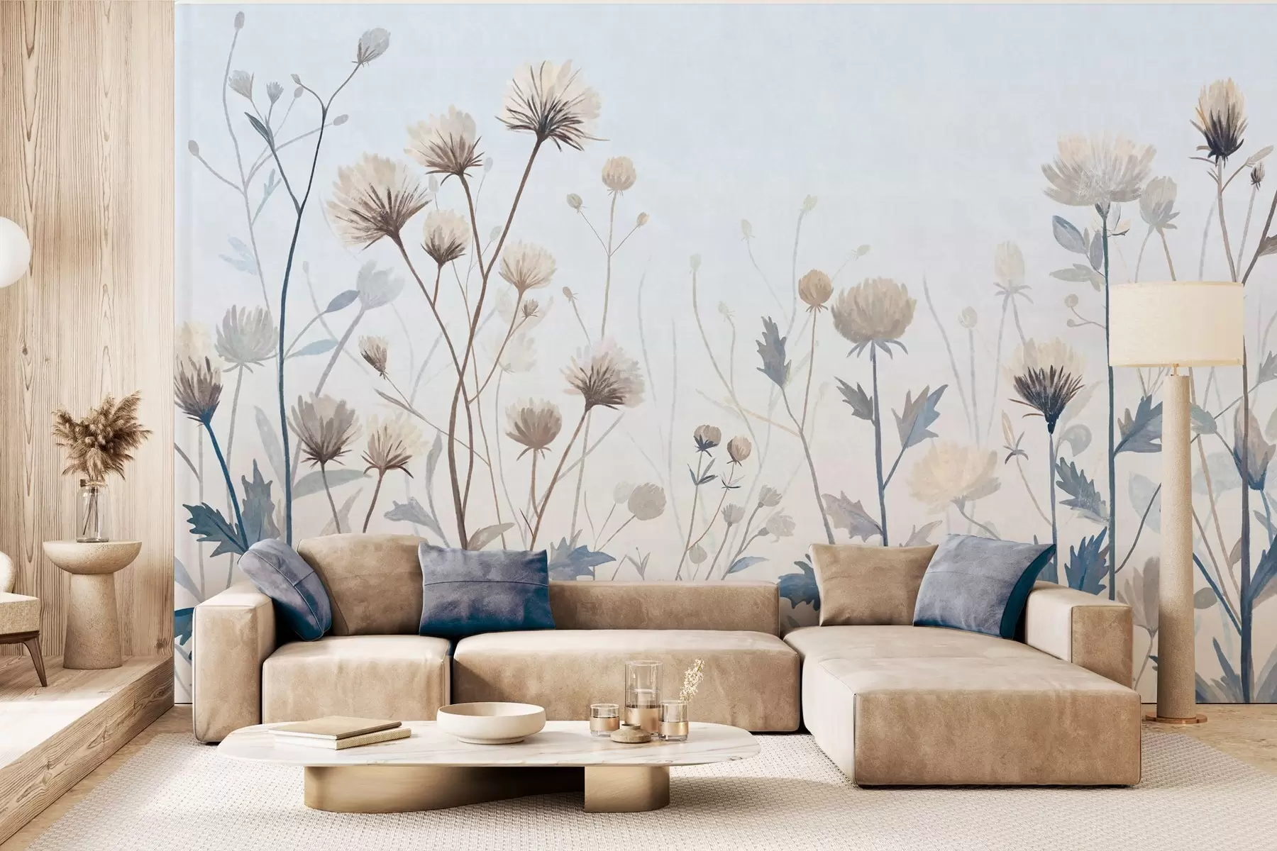 murais de parede Ervas e flores silvestres pintadas em estilo paisagístico sobre um fundo claro w05563
