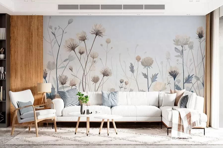 murais de parede Ervas e flores silvestres pintadas em estilo paisagístico sobre um fundo claro w05563