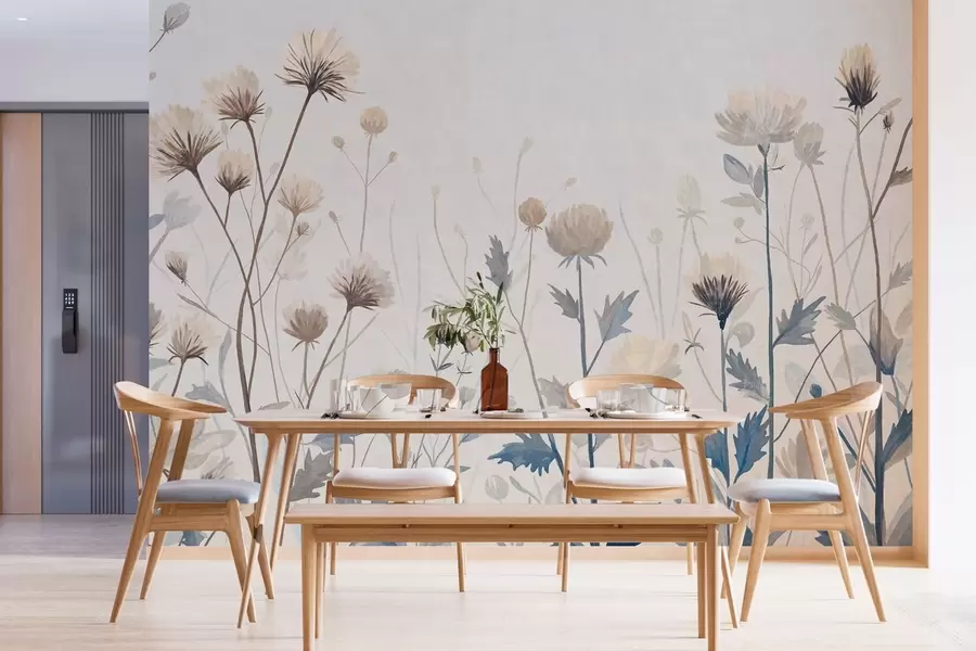 murais de parede Ervas e flores silvestres pintadas em estilo paisagístico sobre um fundo claro w05563