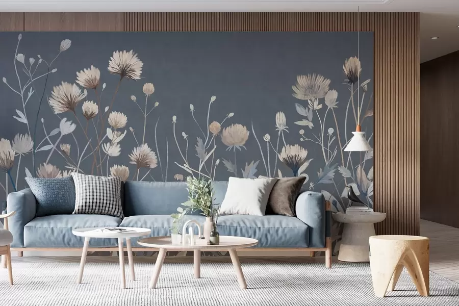 murais de parede Flores silvestres e gramíneas retratadas em estilo pictórico sobre um fundo azul escuro w05563v1