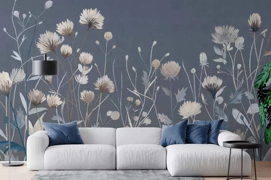 murais de parede Flores silvestres e gramíneas retratadas em estilo pictórico sobre um fundo azul escuro w05563v1