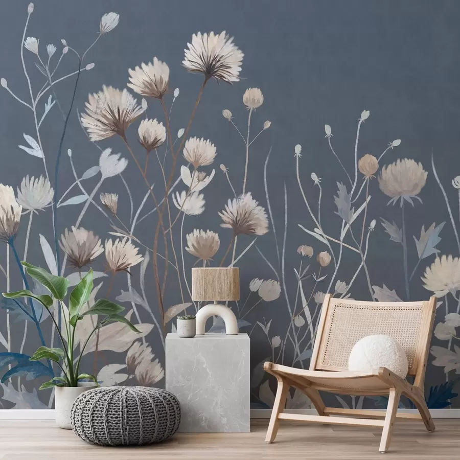 murais de parede Flores silvestres e gramíneas retratadas em estilo pictórico sobre um fundo azul escuro w05563v1