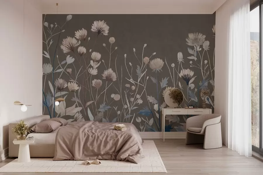 murais de parede Ervas e flores silvestres retratadas em estilo pictórico contra um fundo cinza-marrom w05563v2