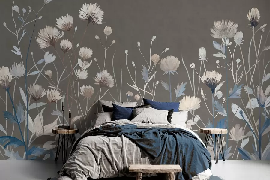murais de parede Ervas e flores silvestres retratadas em estilo pictórico contra um fundo cinza-marrom w05563v2