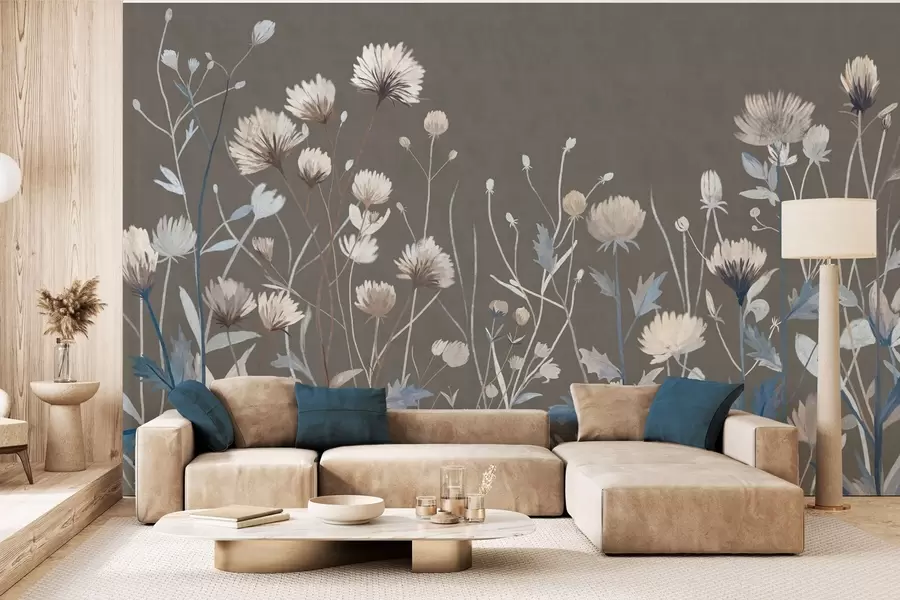 murais de parede Ervas e flores silvestres retratadas em estilo pictórico contra um fundo cinza-marrom w05563v2