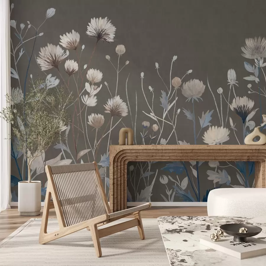 murais de parede Ervas e flores silvestres retratadas em estilo pictórico contra um fundo cinza-marrom w05563v2