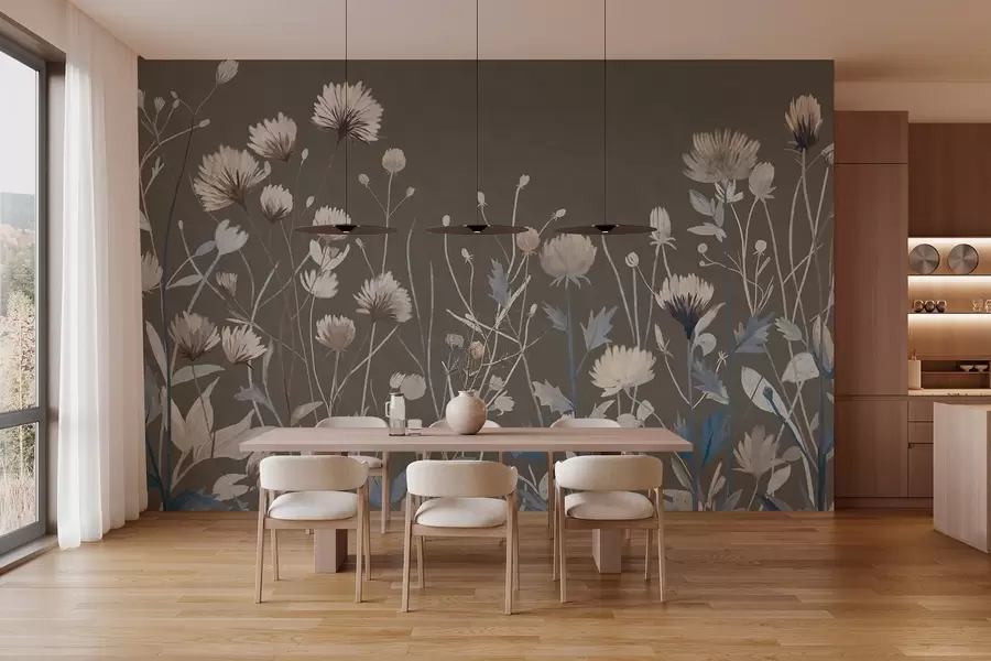 murais de parede Ervas e flores silvestres retratadas em estilo pictórico contra um fundo cinza-marrom w05563v2