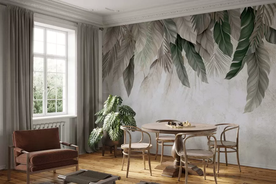 murais de parede Folhas tropicais pendentes sobre o concreto w05521