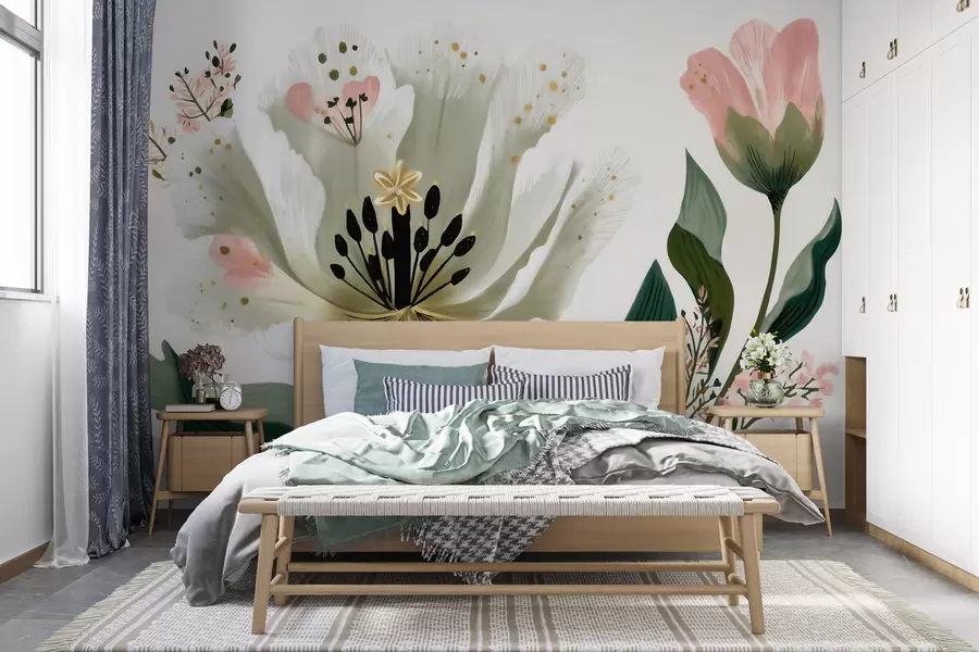 murais de parede Uma flor com folhas verdes e toques em rosa suave, em estilo aquarela w09836
