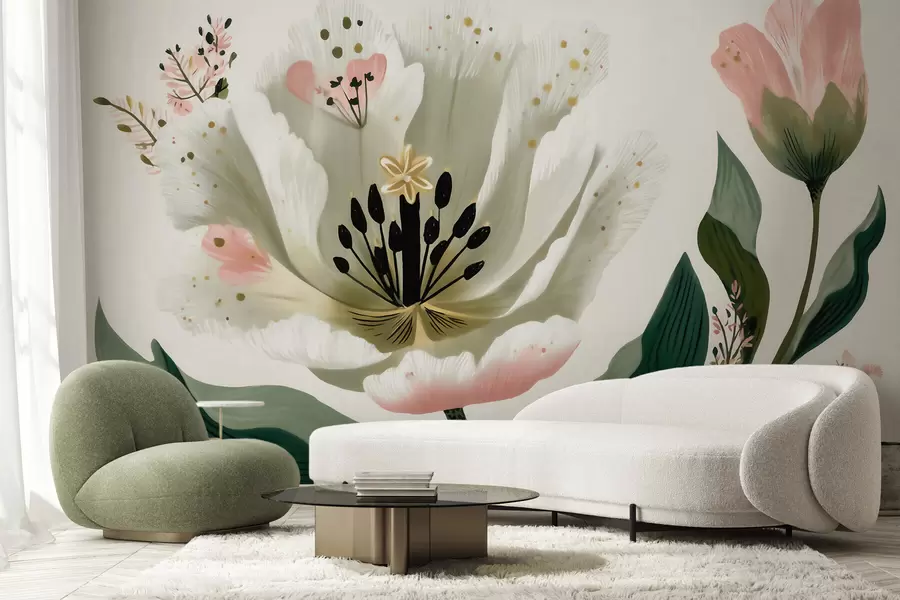 murais de parede Uma flor com folhas verdes e toques em rosa suave, em estilo aquarela w09836