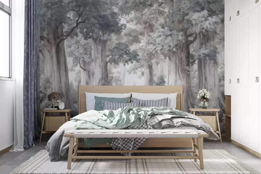 murais de parede Uma floresta de conto de fadas com árvores altas e uma paleta de cores suaves e discretas, em estilo aquarela w09849