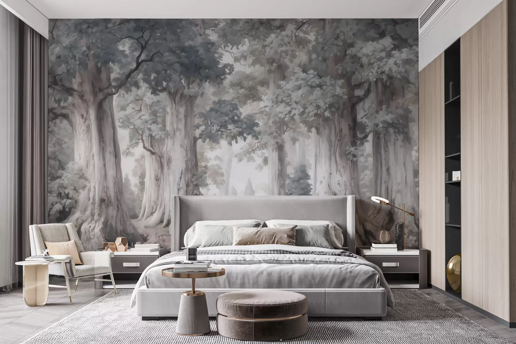 murais de parede Uma floresta de conto de fadas com árvores altas e uma paleta de cores suaves e discretas, em estilo aquarela w09849