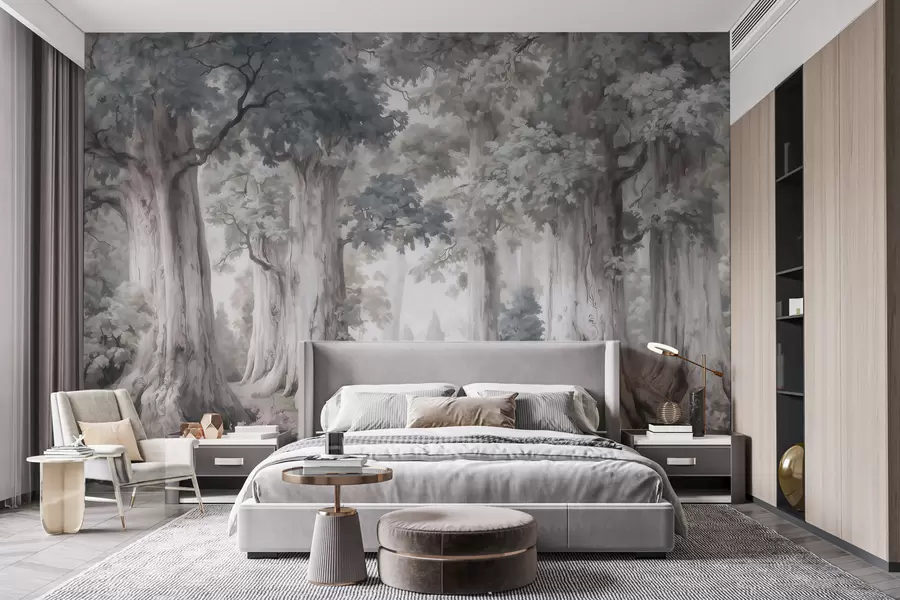 murais de parede Uma floresta de conto de fadas com árvores altas e uma paleta de cores suaves e discretas, em estilo aquarela w09849