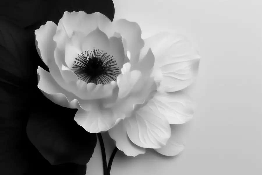 murais de parede Uma flor branca em contraste com o centro escuro, sobre um fundo em preto e branco w09852